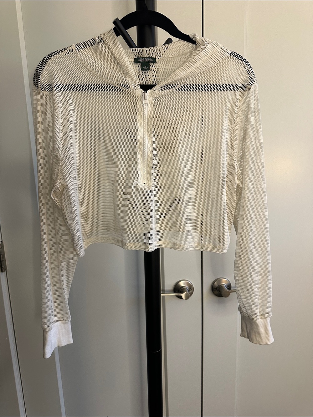 Cream Mesh Half-Zip Cropped Hoodie